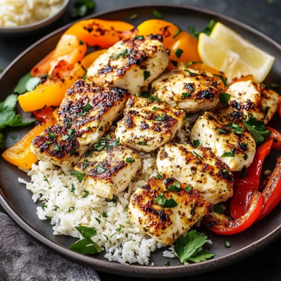 A plate of food with rice, chicken, tomatoes, and lemon.