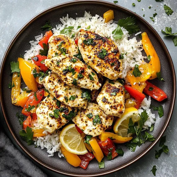 A plate of food with rice, chicken, and peppers.