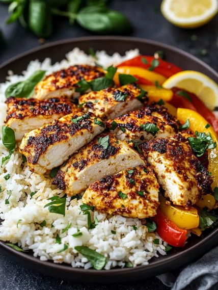 A bowl of rice with chicken and vegetables.
