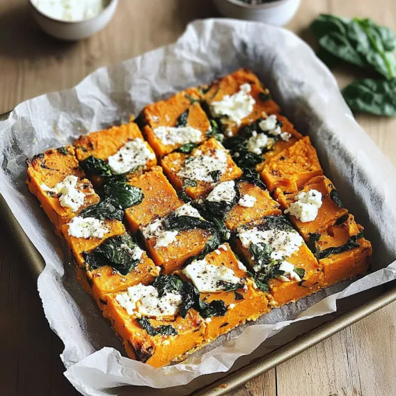 A square of food with white cheese and green leaves.