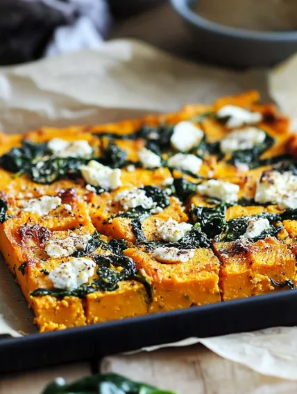A square of food with cheese and spinach.