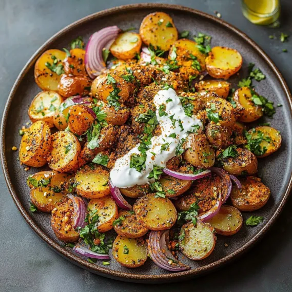 A plate of food with potatoes, onions, and a white sauce.