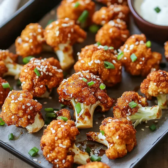 A plate of food with cauliflower and a bowl of sauce.