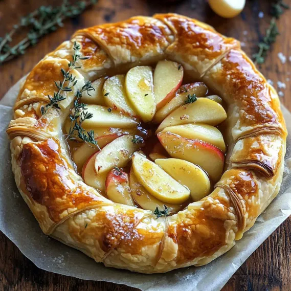 A pastry with apples and herbs on top.