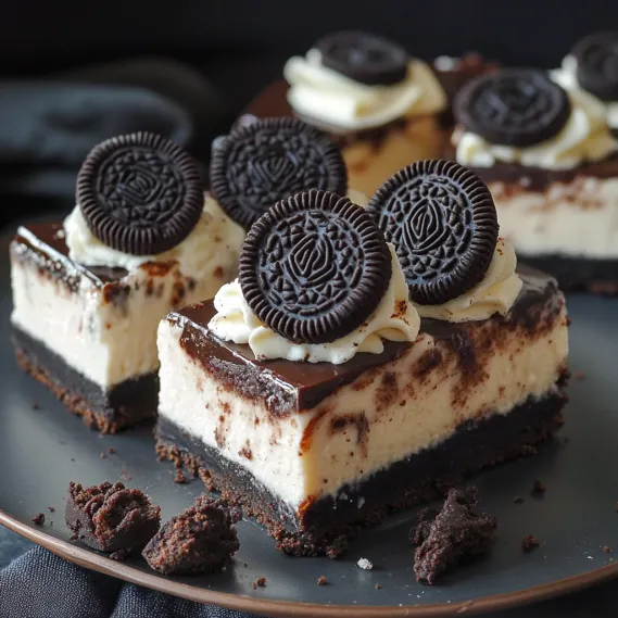 A slice of cake with Oreo cookies on top.