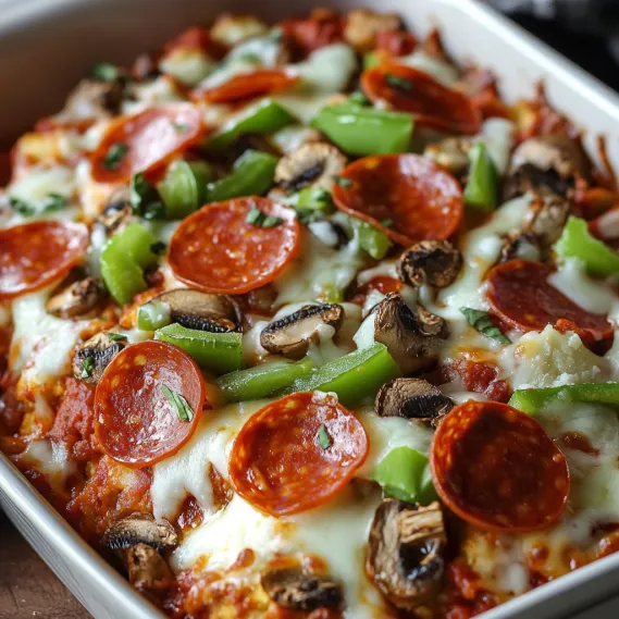 A white bowl of food with pepperoni and mushrooms.