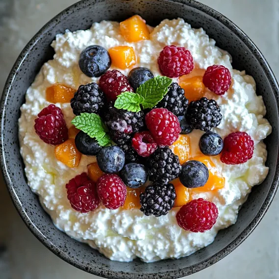 A bowl of fruit with raspberries, blueberries, and orange slices.