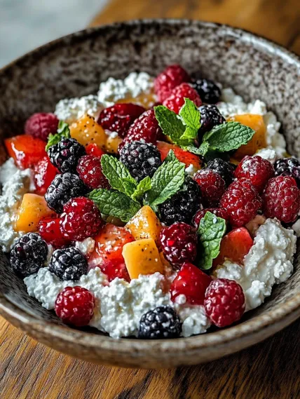 A bowl of fruit with raspberries, blueberries, and strawberries.