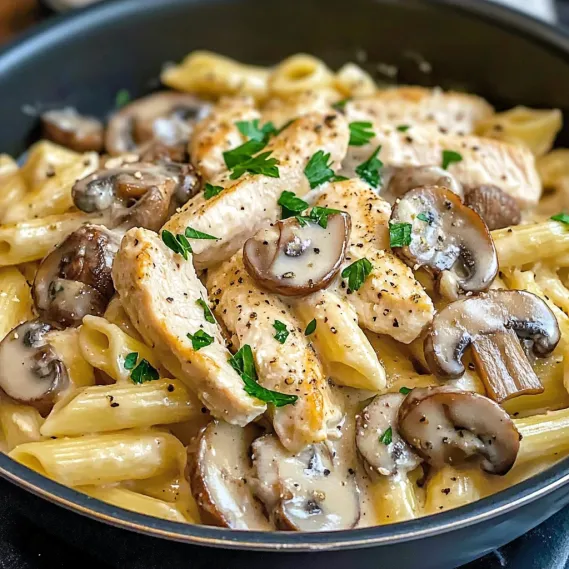 A plate of pasta with chicken and mushrooms.