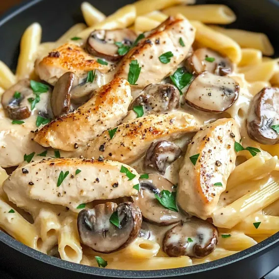 A plate of chicken and mushrooms.