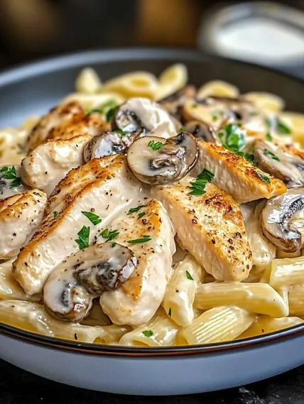 A plate of chicken and mushrooms.