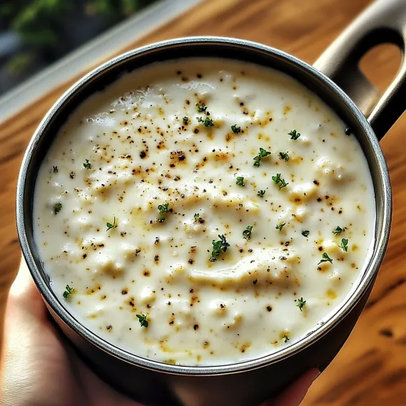 A metal bowl filled with soup.