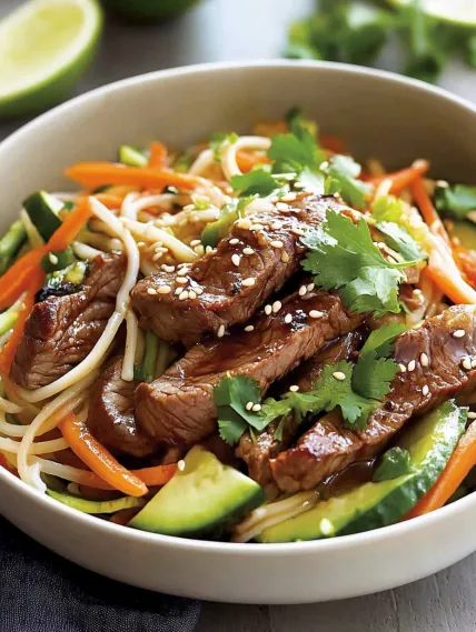 A bowl of noodles with meat and vegetables.