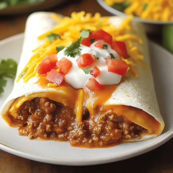 A burrito with cheese and tomatoes on a plate.