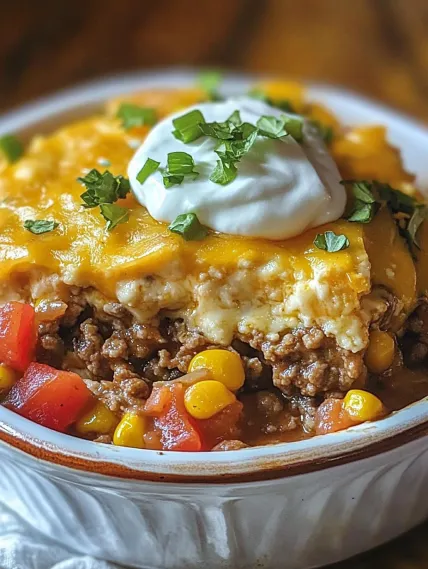 A bowl of food with a dollop of sour cream on top.