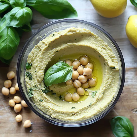 A bowl of hummus with a sprig of basil on top.