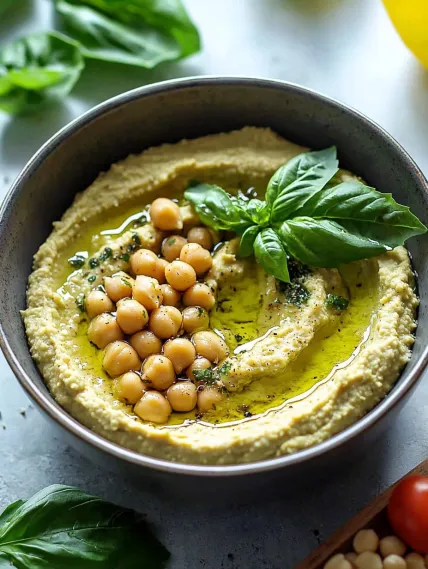 A bowl of hummus with chickpeas and spinach.