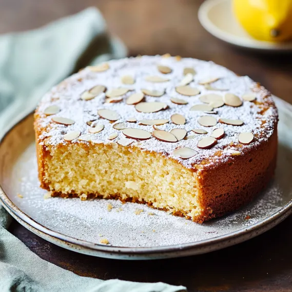 A slice of cake with almonds on top.
