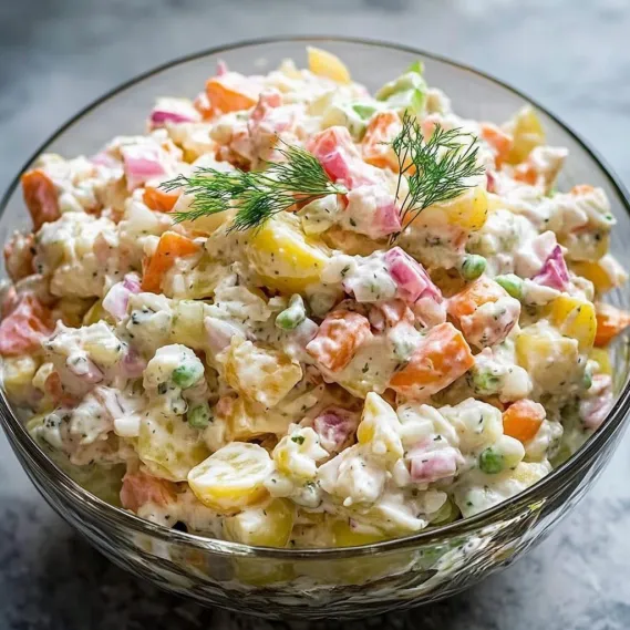 A bowl of salad with a sprig of parsley on top.