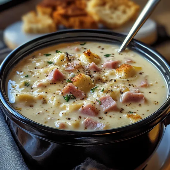 A bowl of soup with a spoon in it.