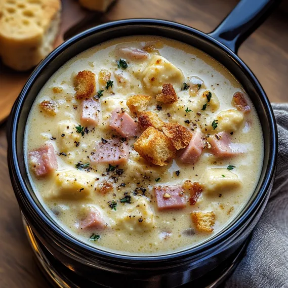 A bowl of soup with bread and ham.