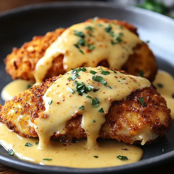 Two pieces of chicken covered in cheese and sauce.