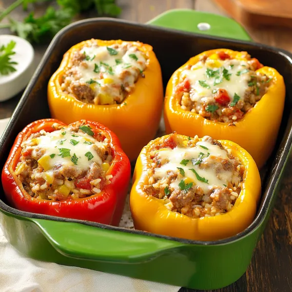 A pan of four peppers with rice.