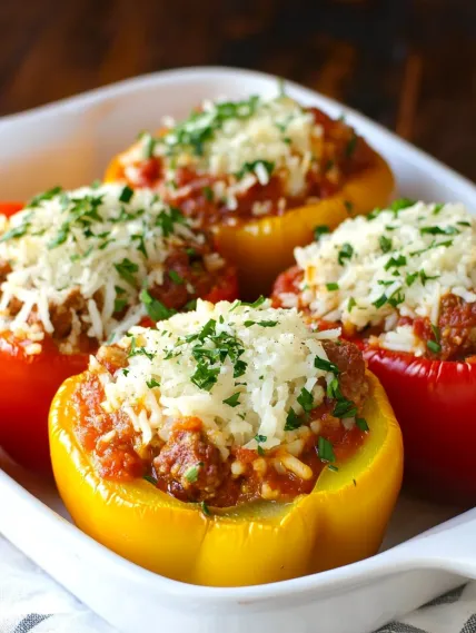 A bowl of peppers with meat and cheese.