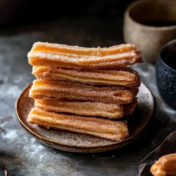A stack of churros on a plate.