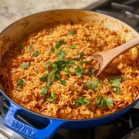 A pan of rice with a wooden spoon in it.