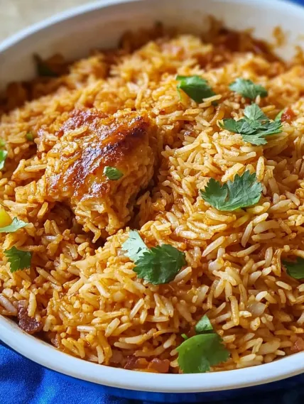 A bowl of rice with chicken and vegetables.