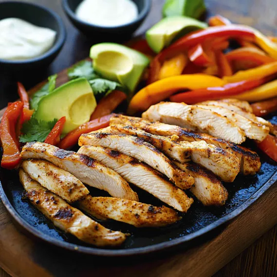 A plate of food with chicken, avocado, peppers, and sour cream.