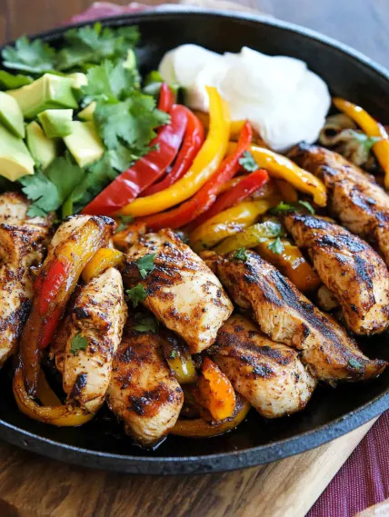 A pan of food with chicken, peppers, and avocado.