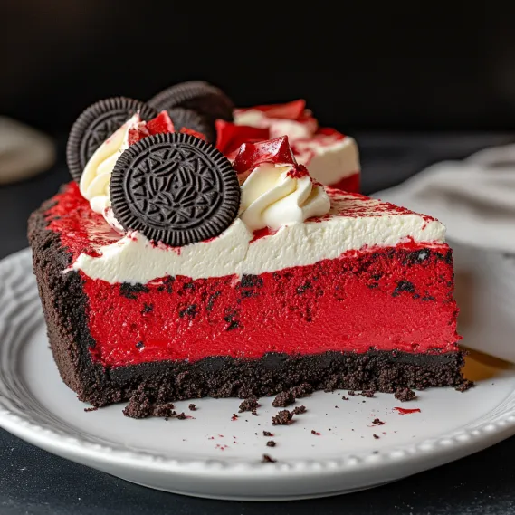 A slice of red velvet cake with white frosting and chocolate chips.