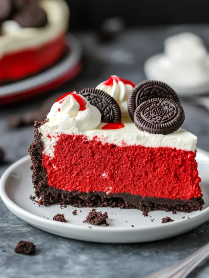 A slice of red velvet cake with white cream and chocolate chips.