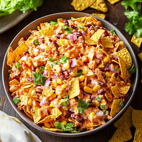 A bowl of food with chips on top.
