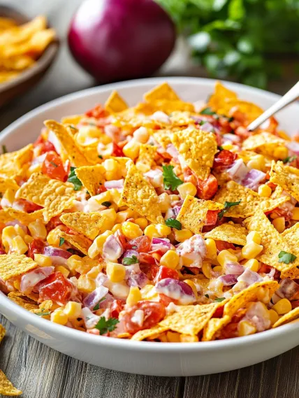 A bowl of nachos with tomatoes and cheese.