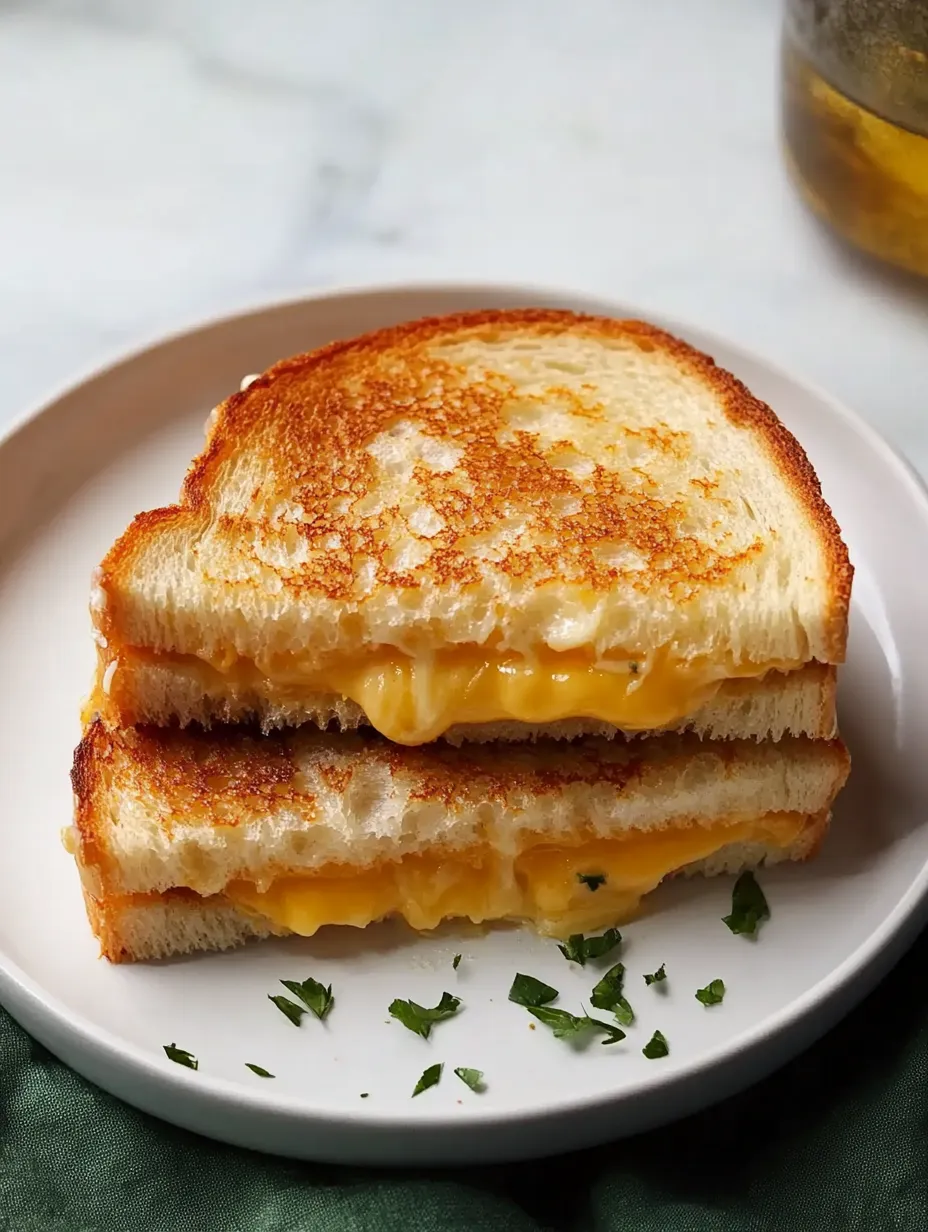 A white plate with two grilled cheese sandwiches.