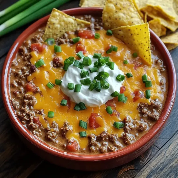 A bowl of chili with a dollop of sour cream and a sprinkle of green onions.