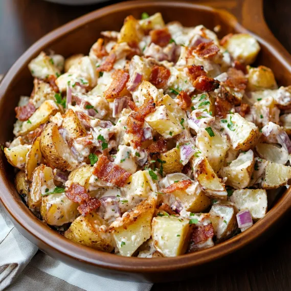 A bowl of bacon and potatoes.