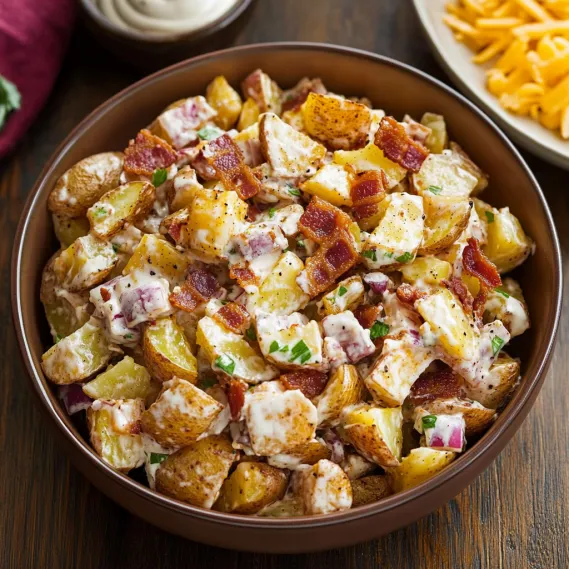 A bowl of food with potatoes and bacon.