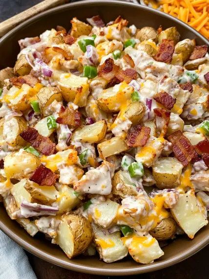 A bowl of food with bacon and potatoes.