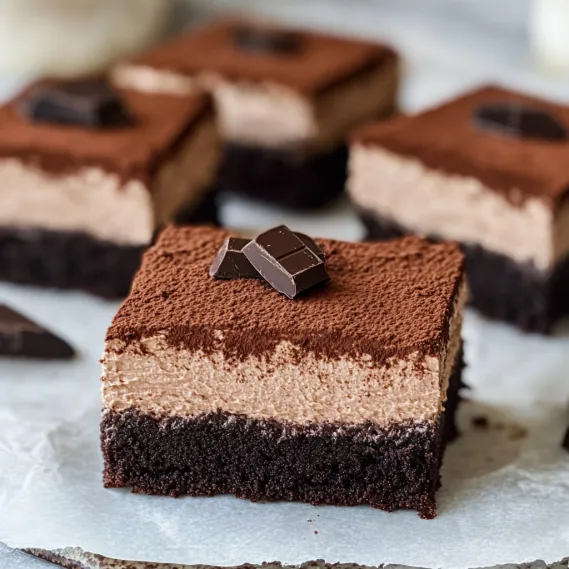 A chocolate dessert with a piece of chocolate on top.