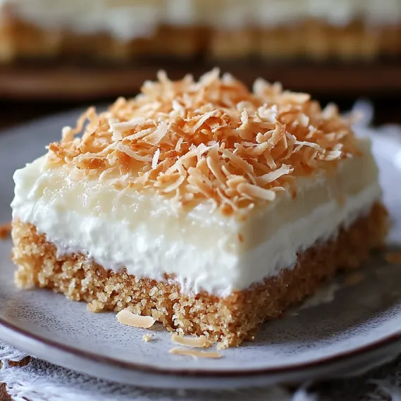 A slice of cake with coconut on top.