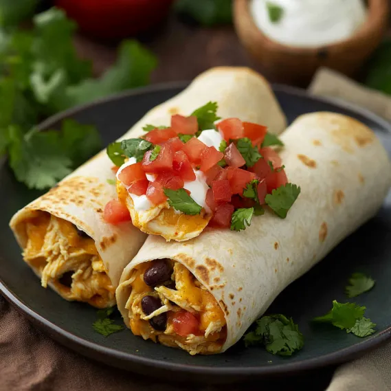A plate of food with a burrito and a bowl of sour cream.