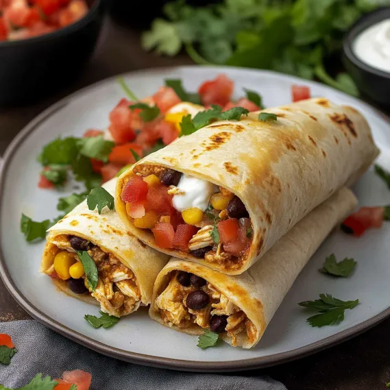 A plate of food with a burrito and tomatoes.