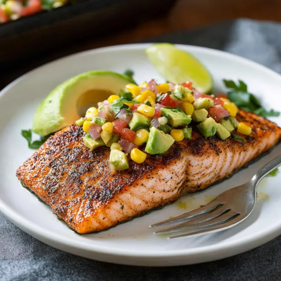 A plate of food with fish, corn, avocado, tomato, and lime.