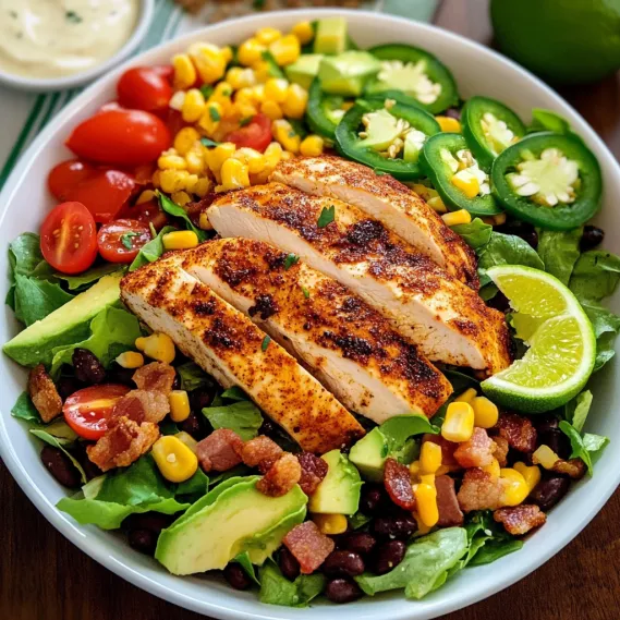 A plate of food with chicken, corn, tomatoes, and avocado.