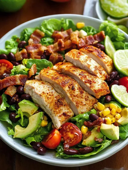 A plate of food with chicken, tomatoes, and lettuce.