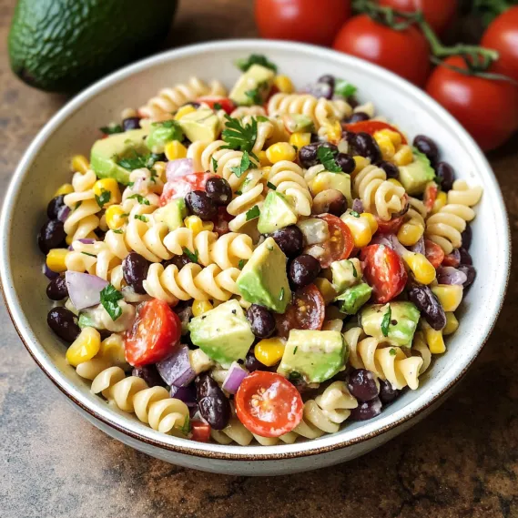 A bowl of pasta salad with tomatoes, corn, and avocado.